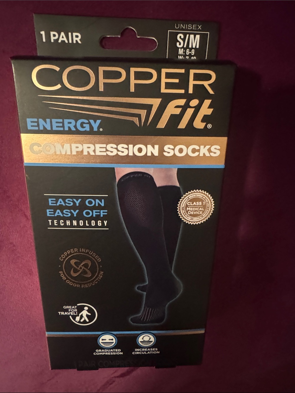 Unisex Copper Fit Energy Compression Socks 1 Pair Black, S/M Men 6-9 Women 7-10